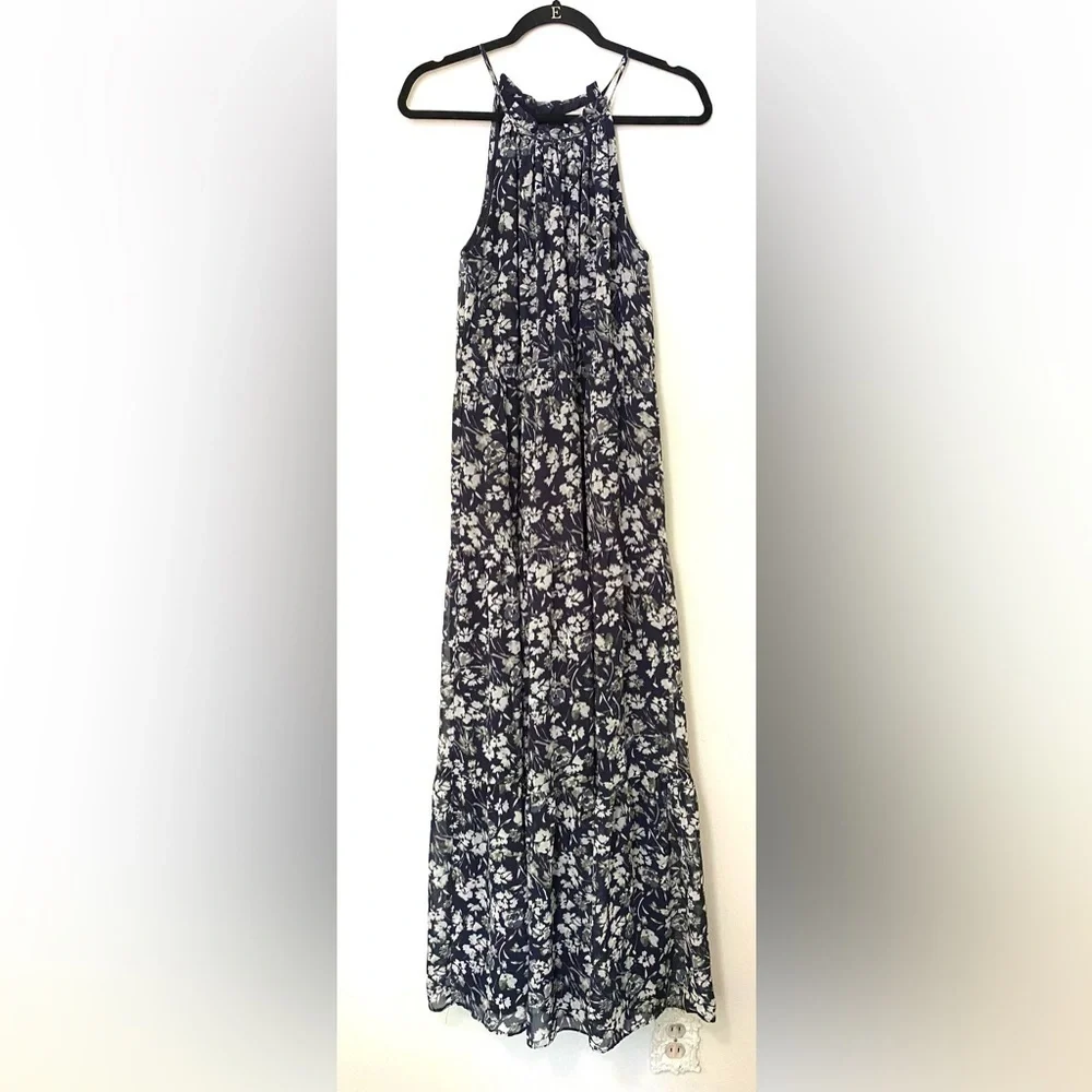Loft Navy Floral Tiered High Neck Sleeveless Maxi Dress - Picture 1 of 2